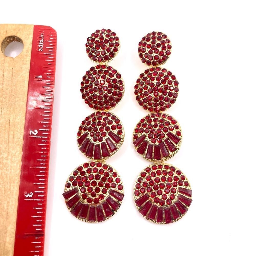 Maximalist Statement Gold Red Crystal Rhinestone Dangle Earrings - Picture 4 of 4